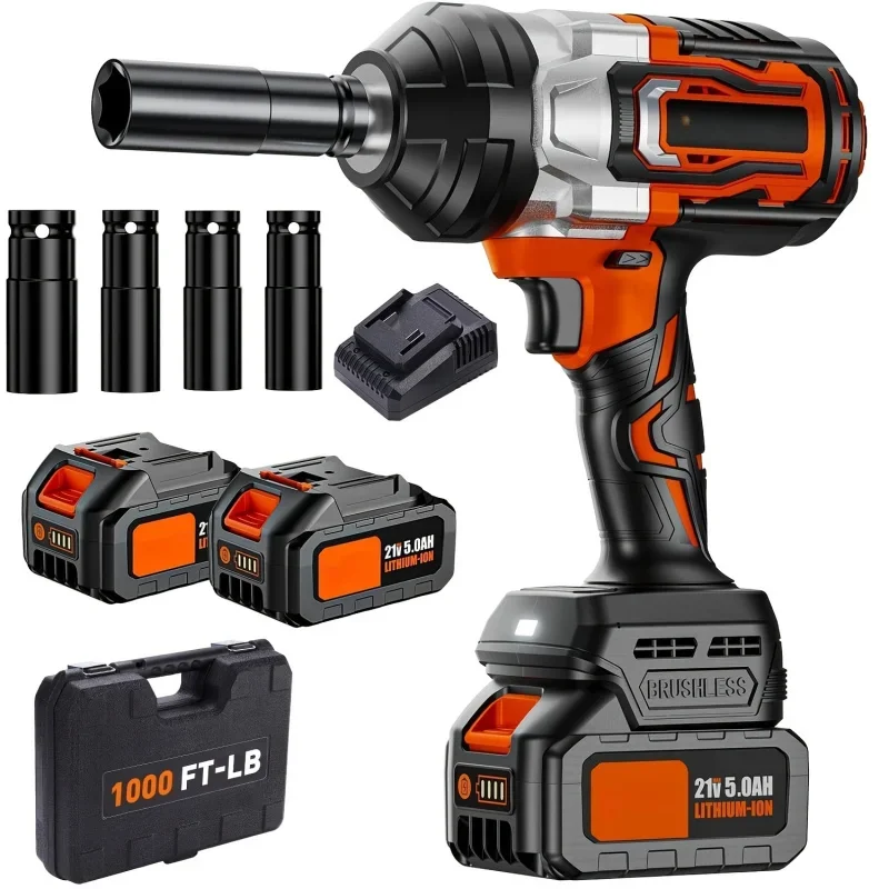 Electric Impact Gun, Torque Wrench 1/2 Inch Drive, 2 X 5.0Ah Batteries Brushless Impact Wrench With Fast Charger