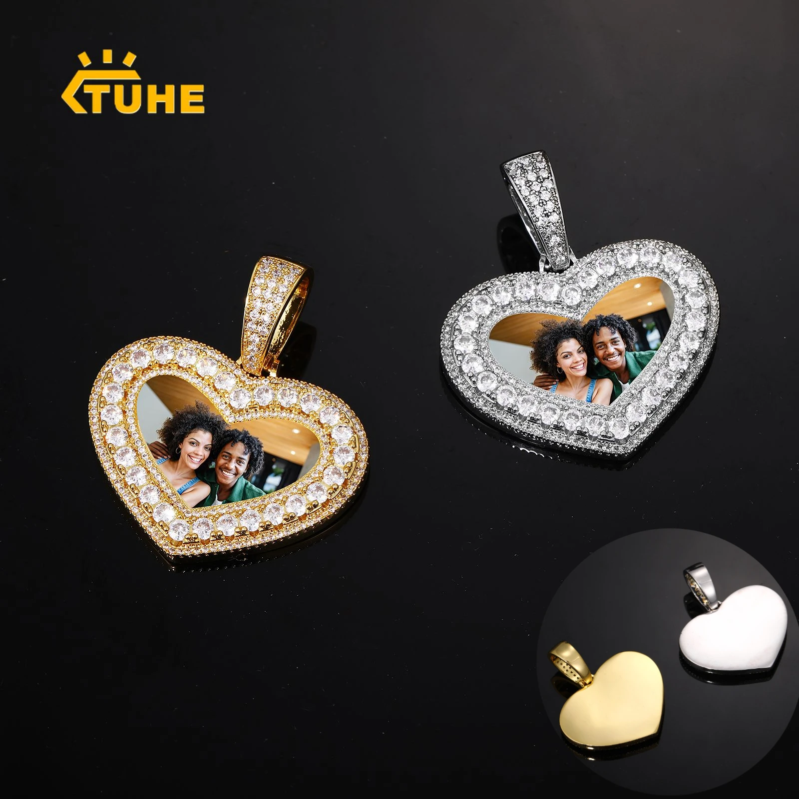 

Custom Iced Out Heart Pendant Necklace Hip Hop Jewelry Bling Zirconia Pendant Custom Photo Memory Medallions