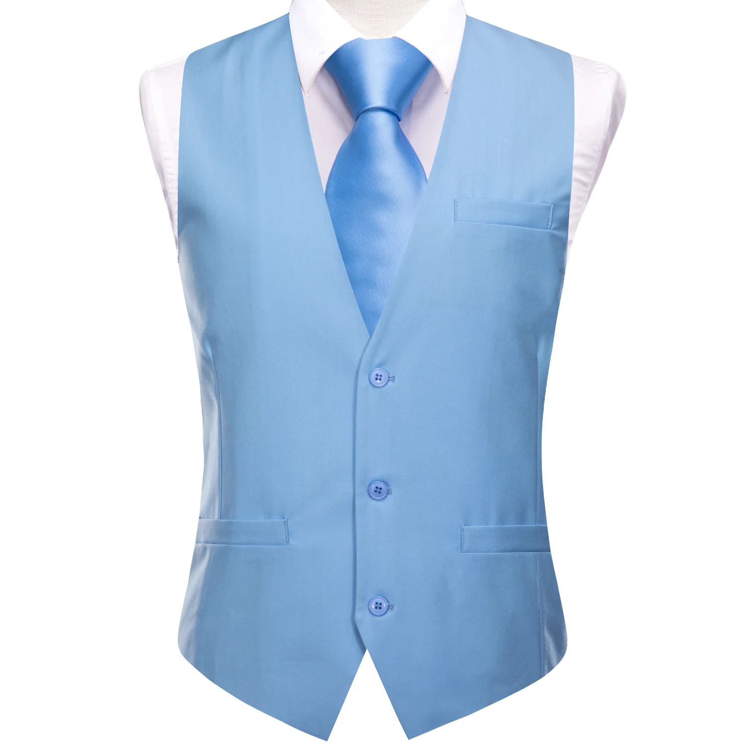 Light Blue Men Silk Vest Wedding Solid TR Slim Waistcoat Neck Tie Hanky Cufflinks Brooch Set for Men Suit Party Designer Hi-Tie