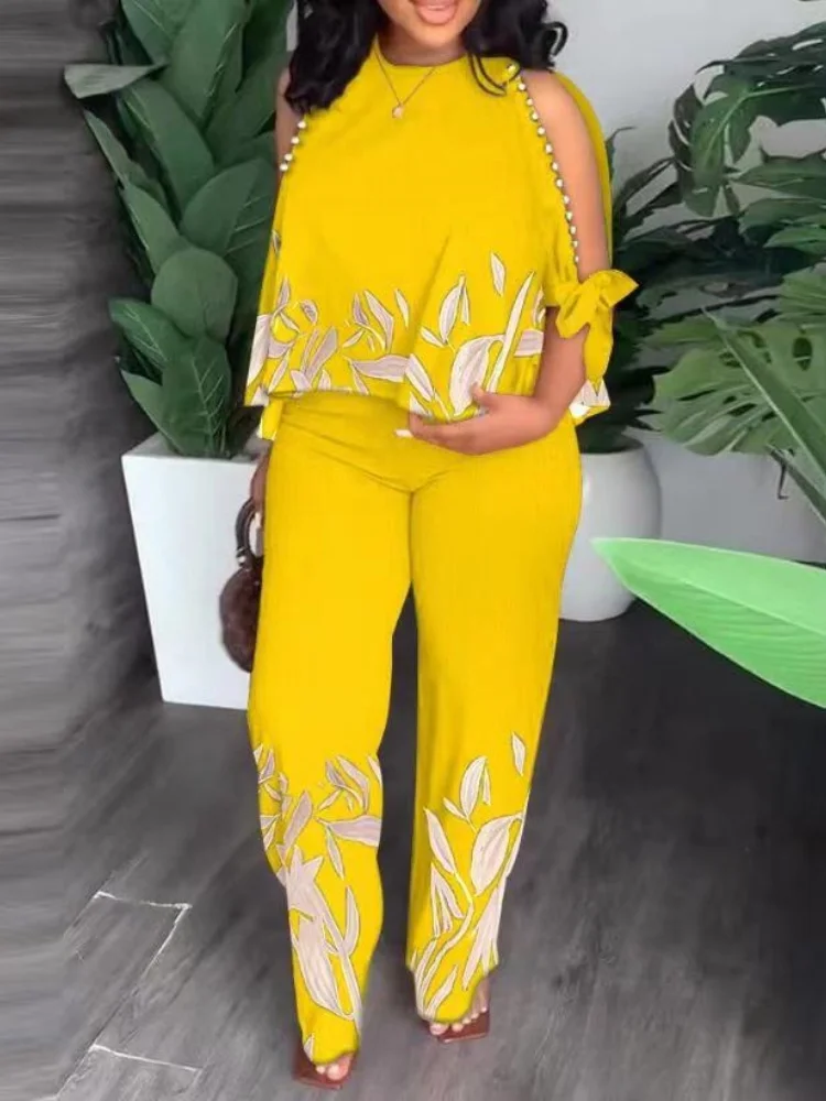 

2Pcs/Set Women's Printed T-Shirt + Long Trouser Suit Round Neck Beaded Half Sleeve Top Ladies Plus Size Clothes Tee Pants Outfit