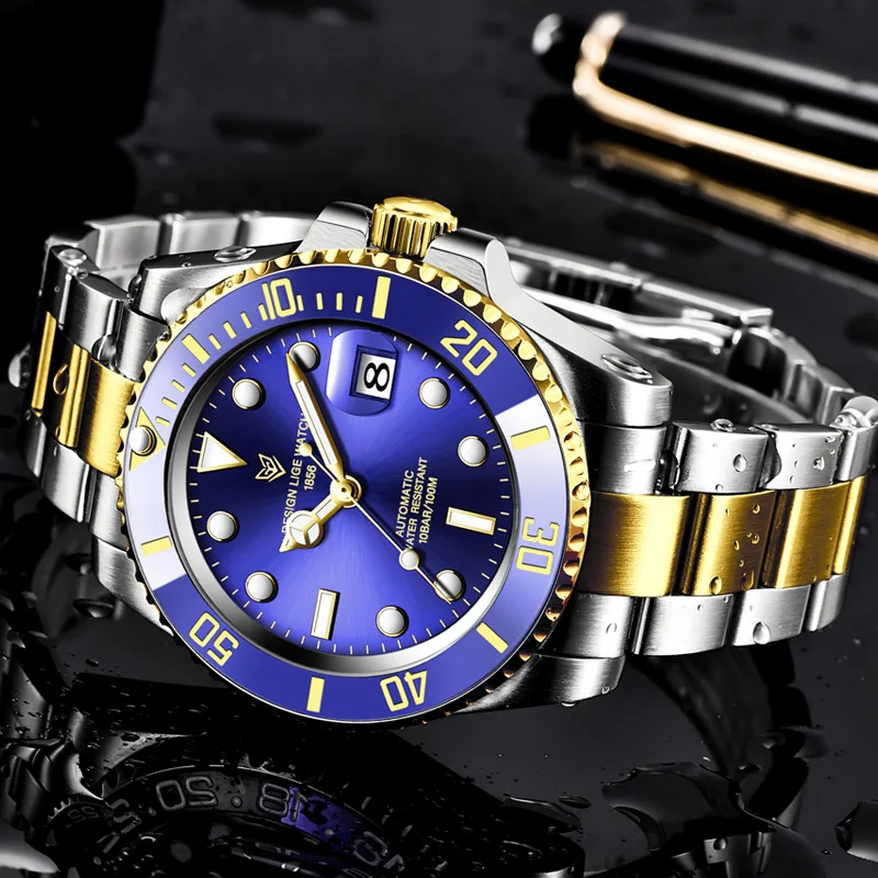 LIGE Top Brand Luxury Mechanical Wristwatch Business Stainless Watches Mens Super Luminous Date GMT Watch for Men Ceramic Bezel