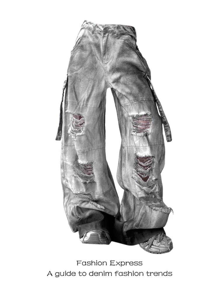 

Women's Distred Denim Jeans Summer American Street fiti Multi-ket Waste Land Sle Wide Leg Straight Cut