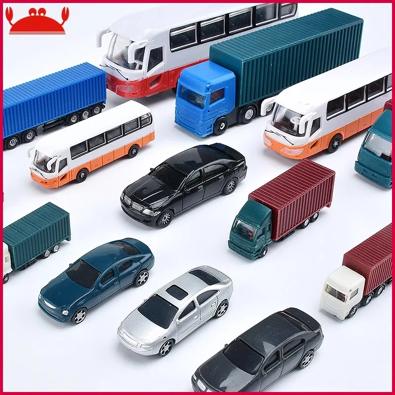 HO Scale Model Vehicle Set Miniature Car Truck Bus Container Lot for Railway Layout Scenery Architectural Diorama Decor