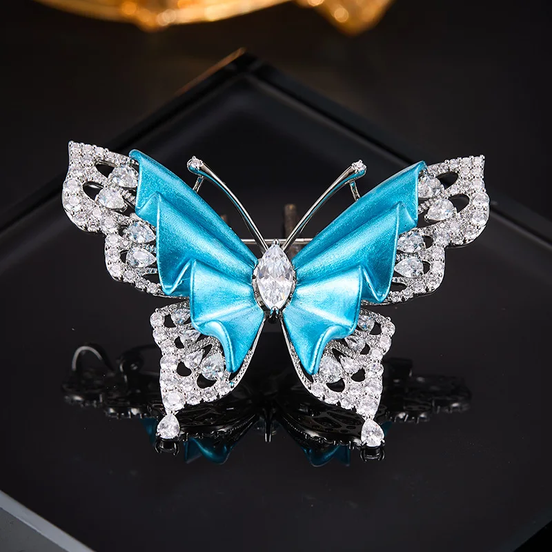 Light Luxury Satin Blue Butterfly Brooch Sparkling Micro-inlaid Zircon Diamond High-end Design Suit Cheongsam Coat Accessory Pin