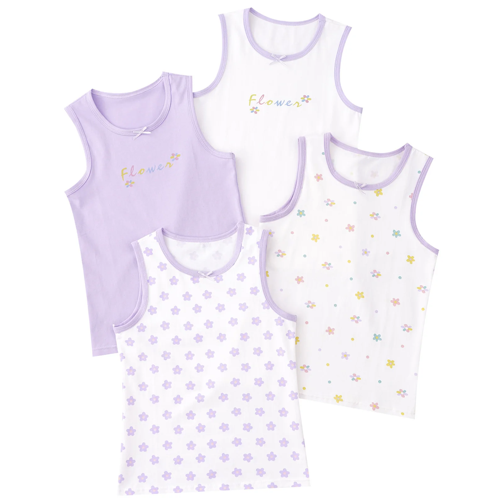 4Pcs/Set Kids Girls Solid Colors Soft Undershirt Cute Bow Lace Floral Print Tank Top Breathable Cotton Sleeveless Vest Underwear