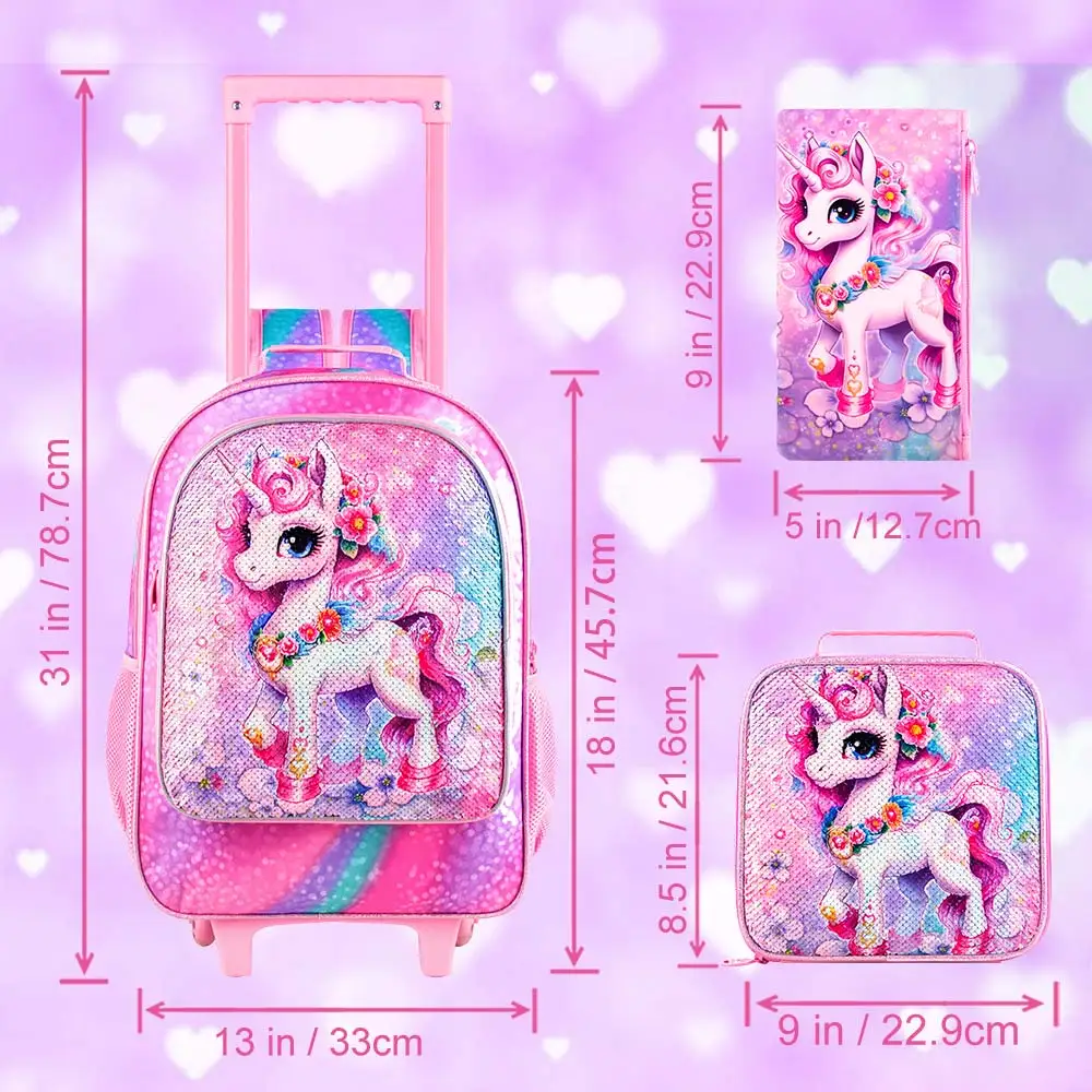 3PCS Cute Unicorn Wheeled Backpack for Kids, Sequin Rolling School Bag Set with Lunch Box & Pencil Case