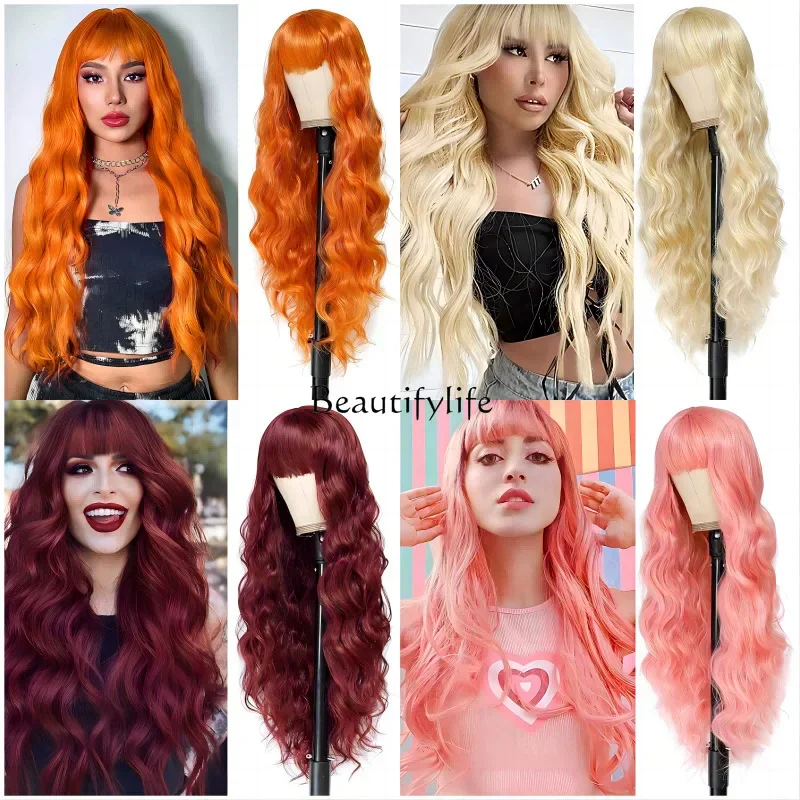 Fashion Rose Net Air Qi Bangs Long Curly Hair Water Ripple Wig, Chemical Fiber Full Headgear