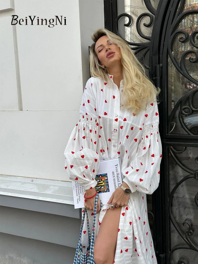 Beiyingni 100% Cotton Heart Print Long Dresses Women 2024 Spring Autumn Loose Large Swing Dress White Casual Fashion Vestidos