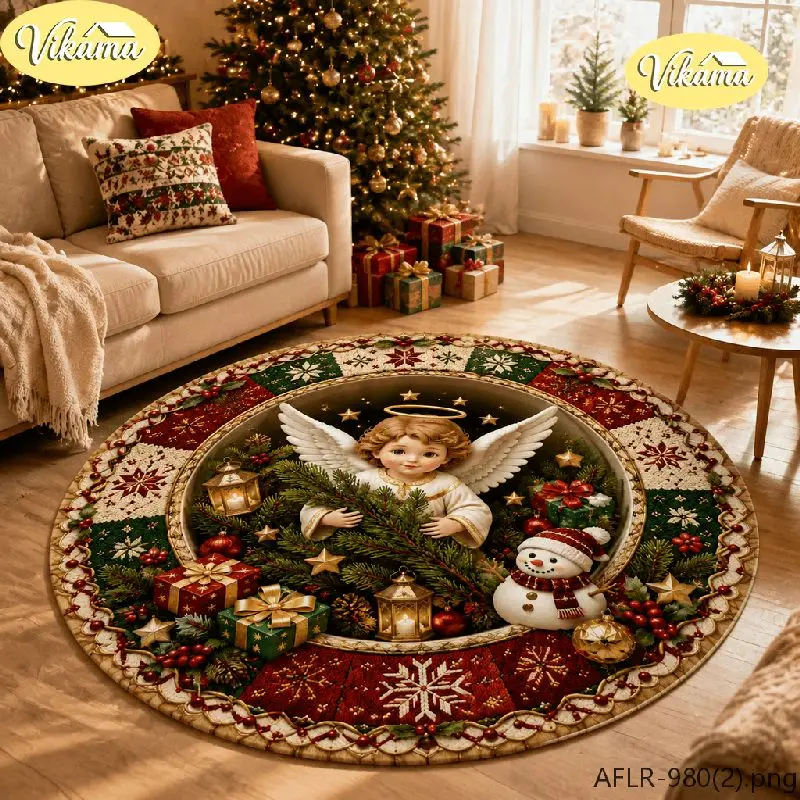 VIKAMA Christmas Round Rug Angel Snowman Gifts Pine Star Lantern Area Rug Living Room Holiday Home Decor Aesthetic Art Large