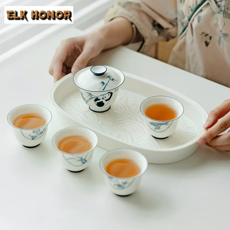 Creative Plain White Porcelain Oval Tea Tray Dry Brewing Small Tea Table Household Tray Decorative Partition Plates Service Tray