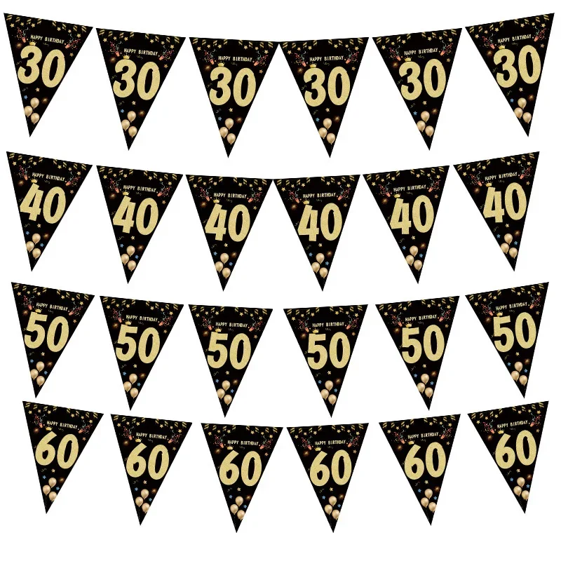 30 40 50 60 Year Happy Birthday Banner Streamer For Party Backdrops Decoration Adult Birthday Anniversaire 40age Black Flags