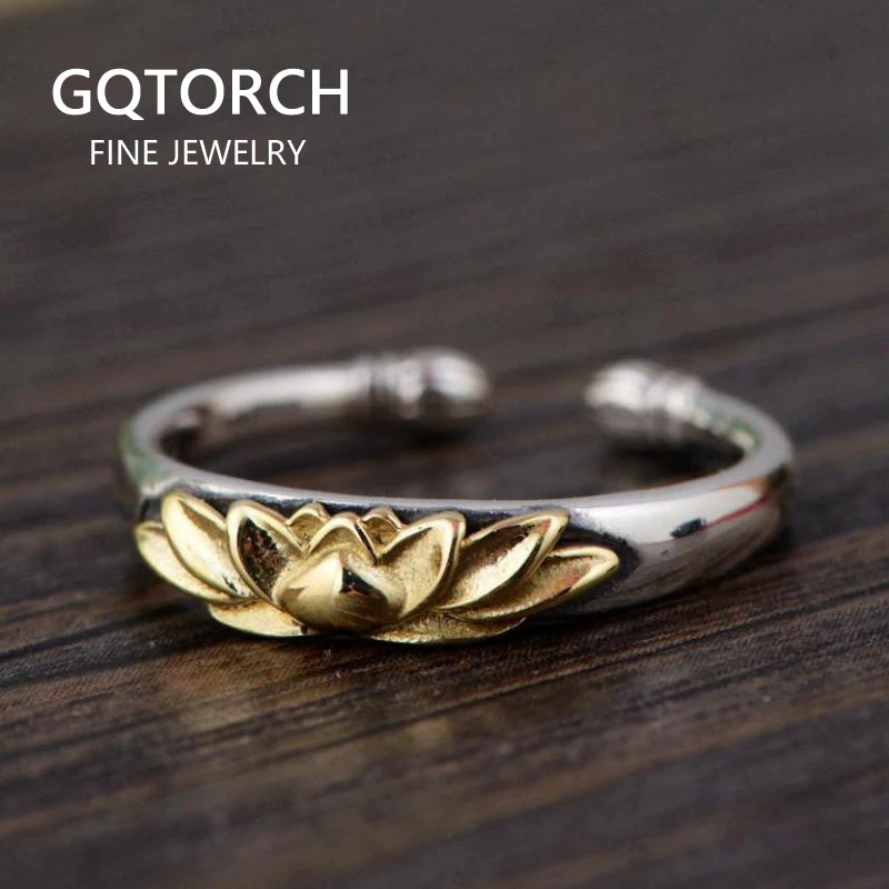 Guaranteed 925 Sterling Silver Lotus Rings For Women Thai Silver Gold Color Resizable Vintage Rings Elegant Jewelry