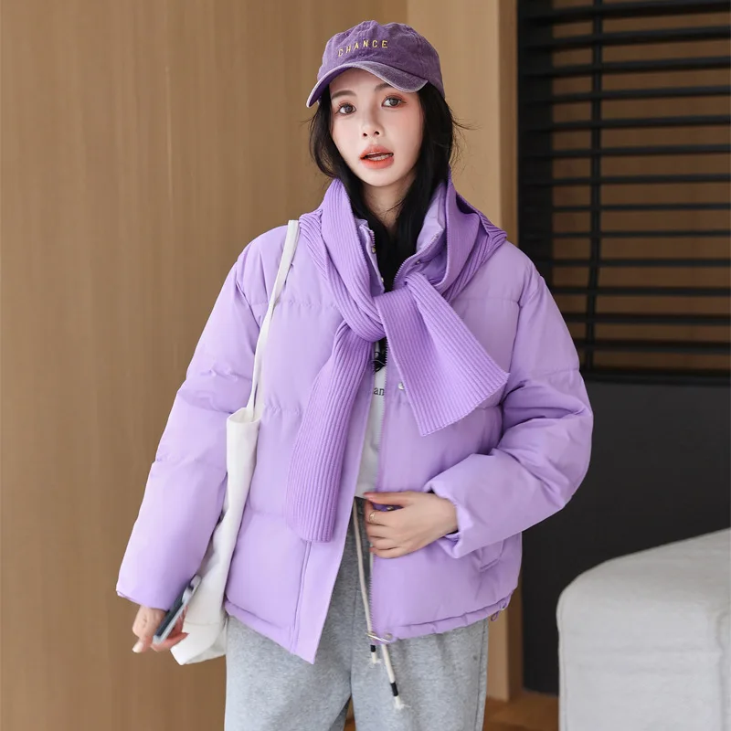 New Autumn Winter Hooded Scarf Down Cotton Parkas Women's Warm Cotton-padded Jacket Short Coats Loose Bread Clothes Student Coat