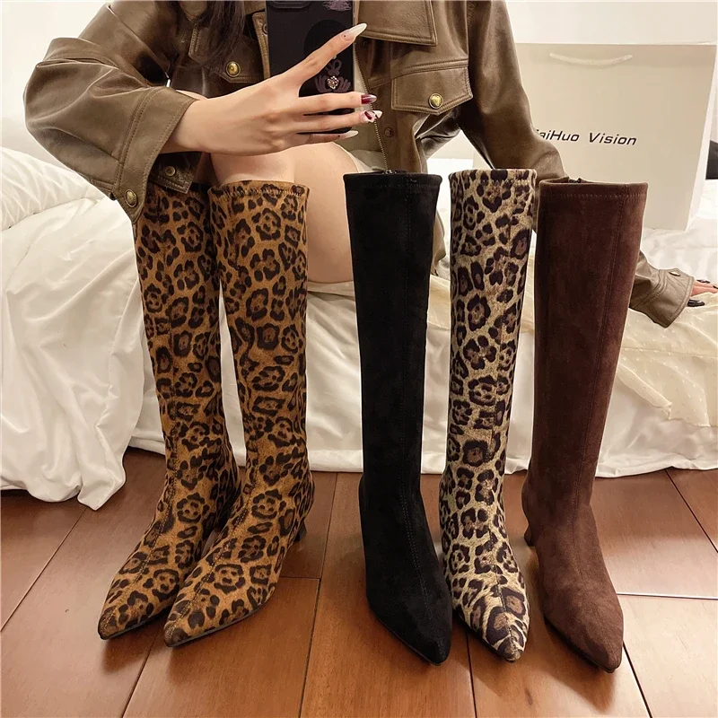 

Women Stretch Modern Boots Winter Fashion Leopard Print Shoes Ladies Sexy High Heel Long Booties Botas De Invierno Para Mujer