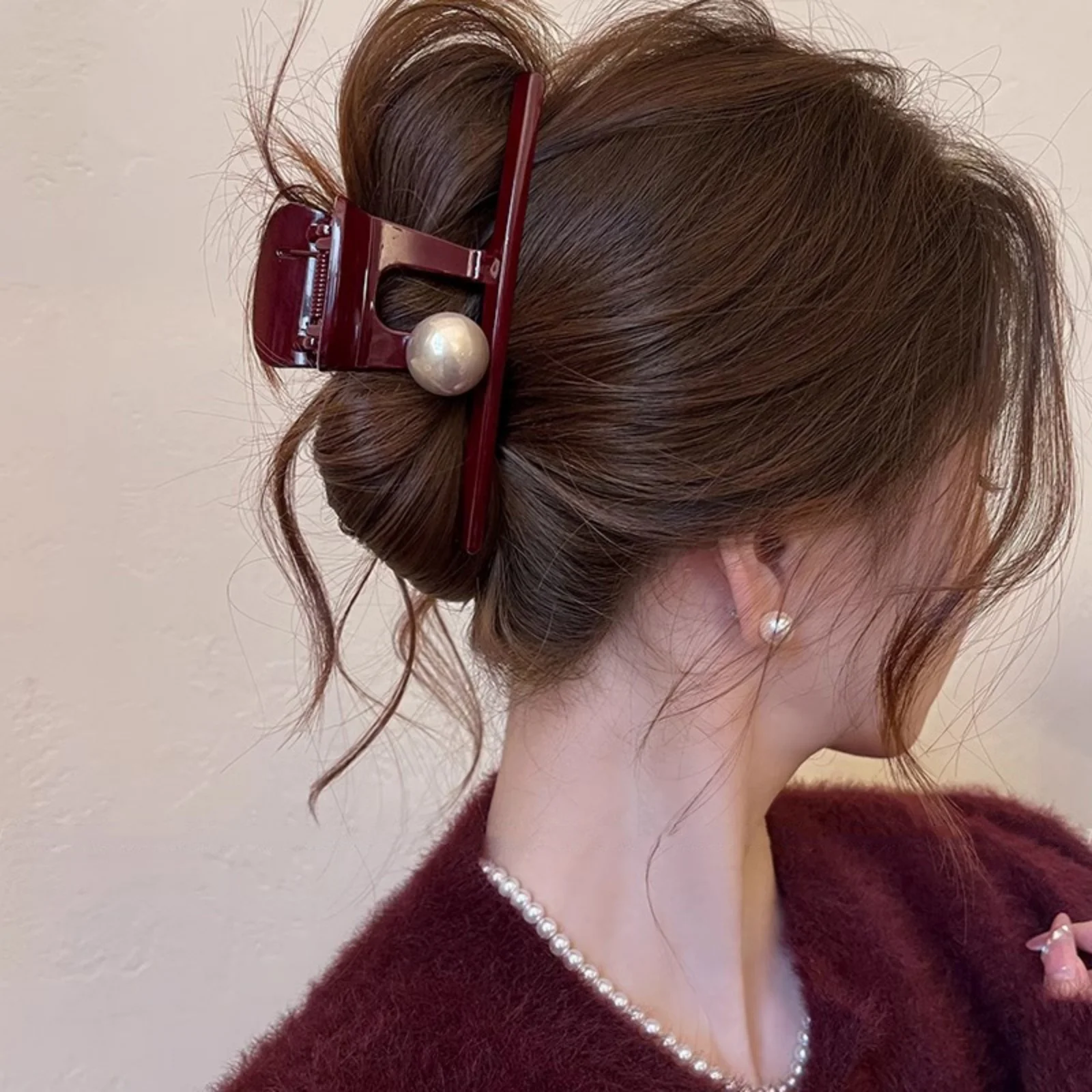1 шт., заколка для волос с бордовым жемчугом, большой элегантный аксессуар для волос для женщин, идеально подходит для припостей