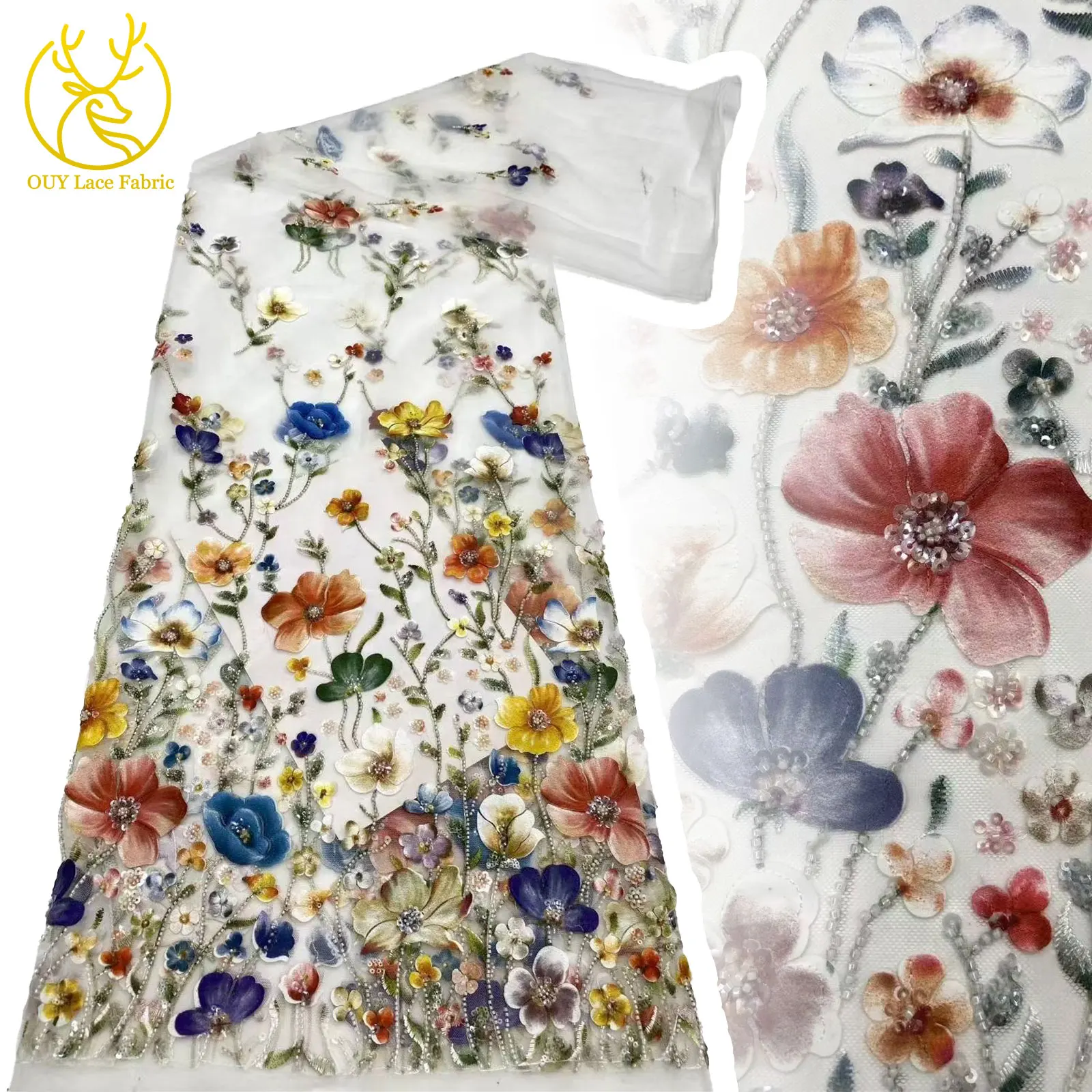 

African Sequin Lace Fabric 2025 High Quality Nigeria France 3D Applique Floral Mesh Tulle Lace For Women Party Dress Sewing