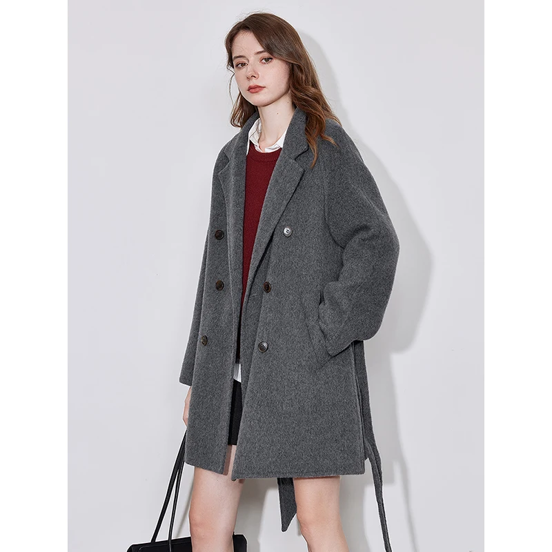 TOYOUTH Women Woolen Coat 2024 Autumn Winter New Notched Shawl Collar Double Breasted Button Wool Double Side Suit Coat Jacket