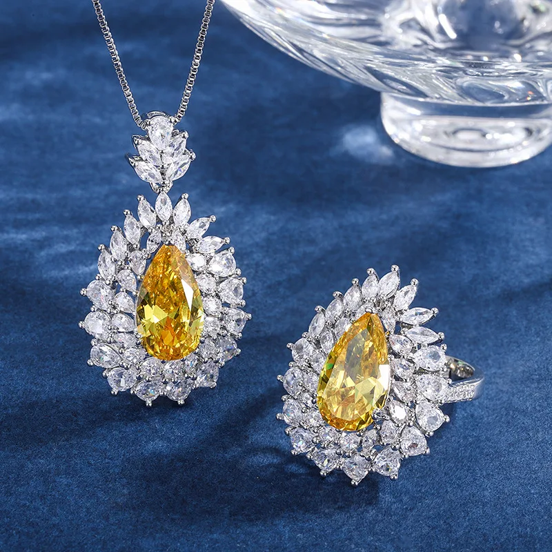 

American-style fashion jewelry set with yellow diamond pendant and ring8*14