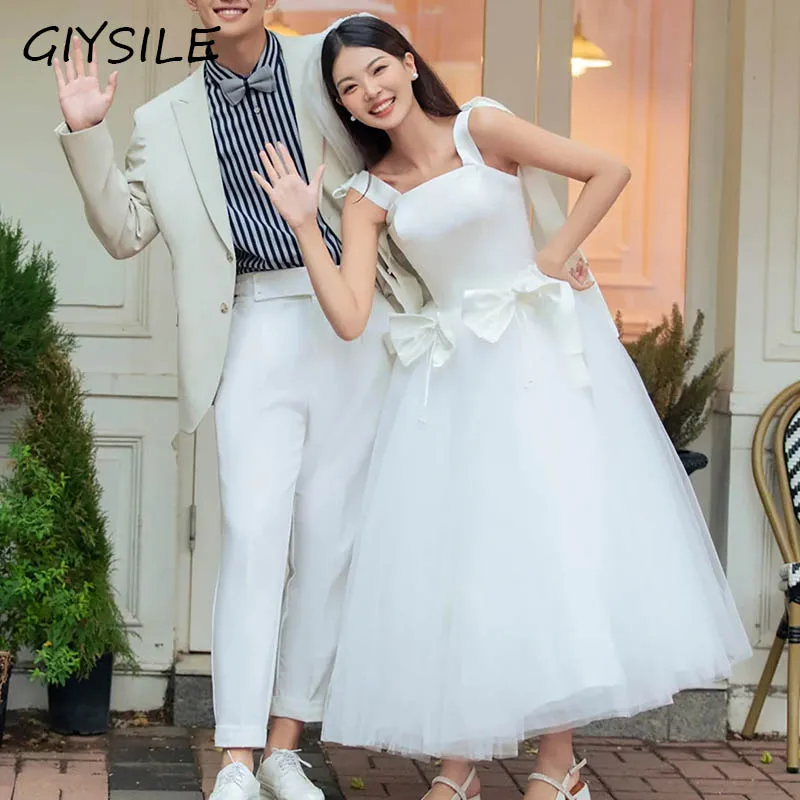 Engagement White Square Neck Light Wedding Dresses Medium Long Mesh Tube Top Ball Gown Photo Shoot Bow Decoration Evening Dress