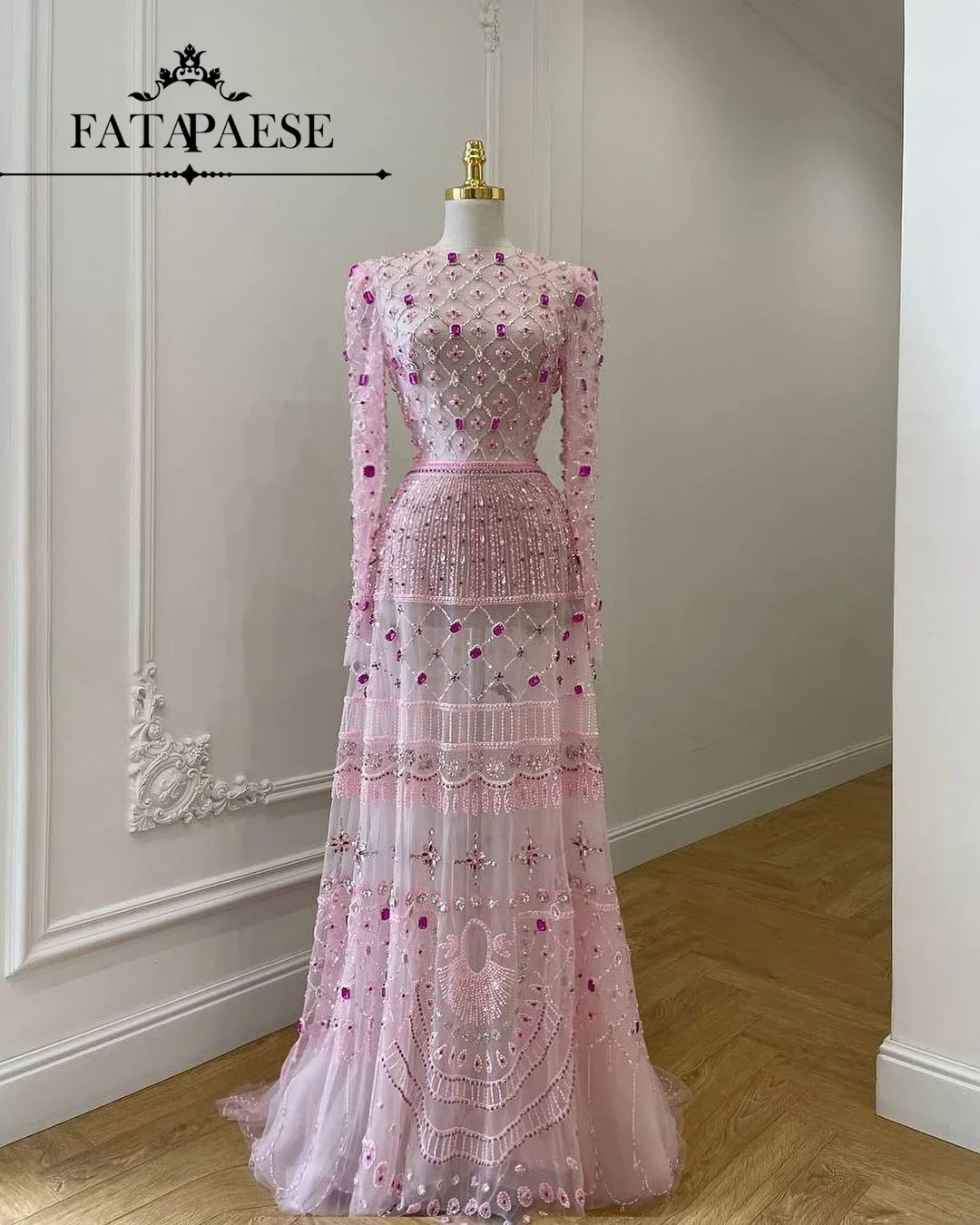 

FATAPAESE Индивидуальные бисерные кристаллы и драгоценные камни, полностью роскошные платья для выпускного вечера, оболочка с длинными рукавами, тонкое платье русалки длиной до пола, макси-хвост