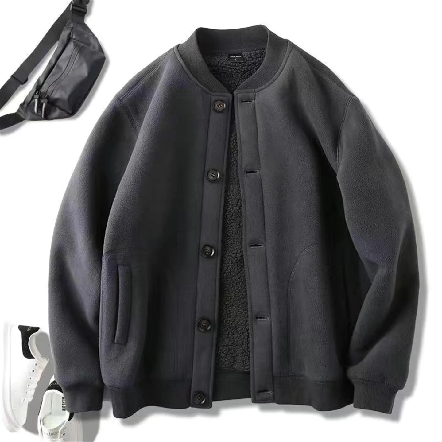 New Polar Fleece Splicing Granular Fleece Double Layer Warm Stand Collar Thickened Baseball Collar Boys Jacket Wear-Resistant