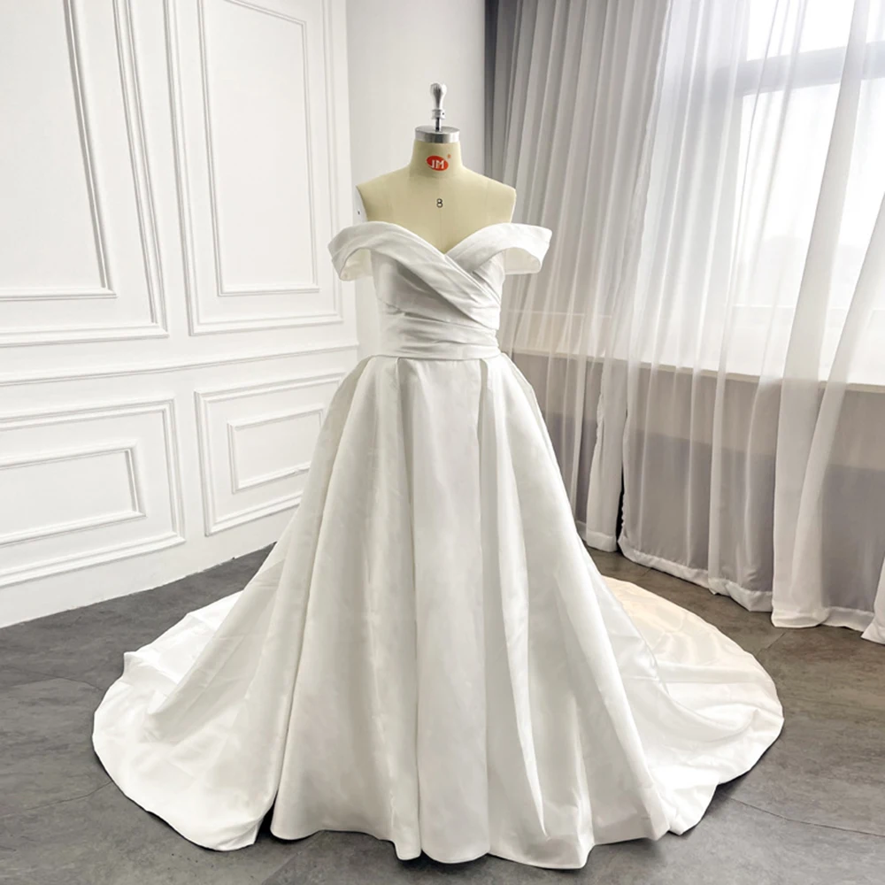 

Customized Ball Gown Wedding Dresses Women V-Neck Off Shoulder Court Train Bridal Gowns Formal robe de mariée Vestido De Noiva