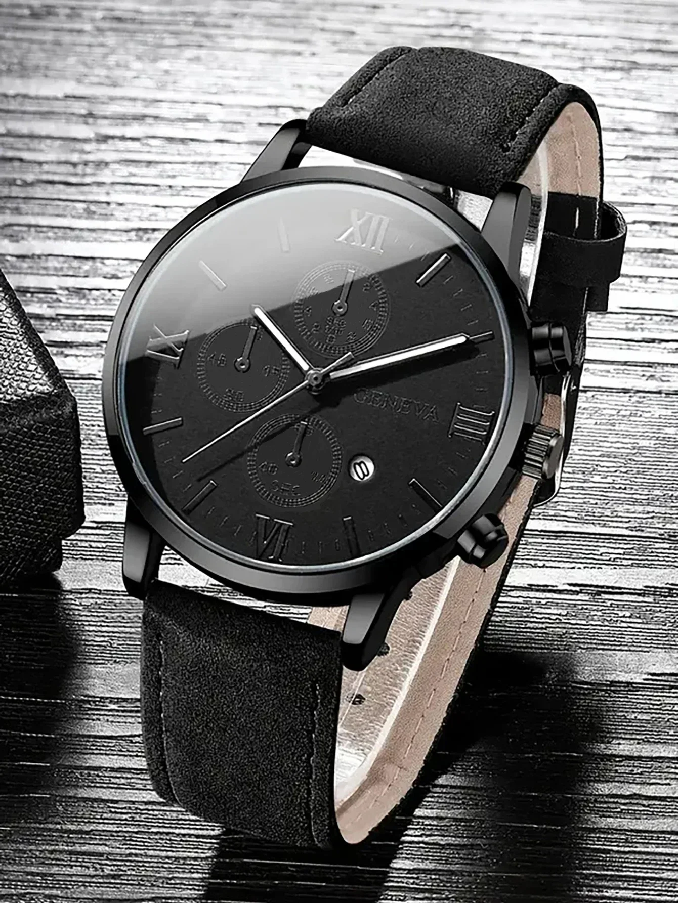 Fashion Men Black Watch Jewelry Kit Roman Dial Business Wristwatch Bracelet Necklace Ring Accessories Set For Gift
