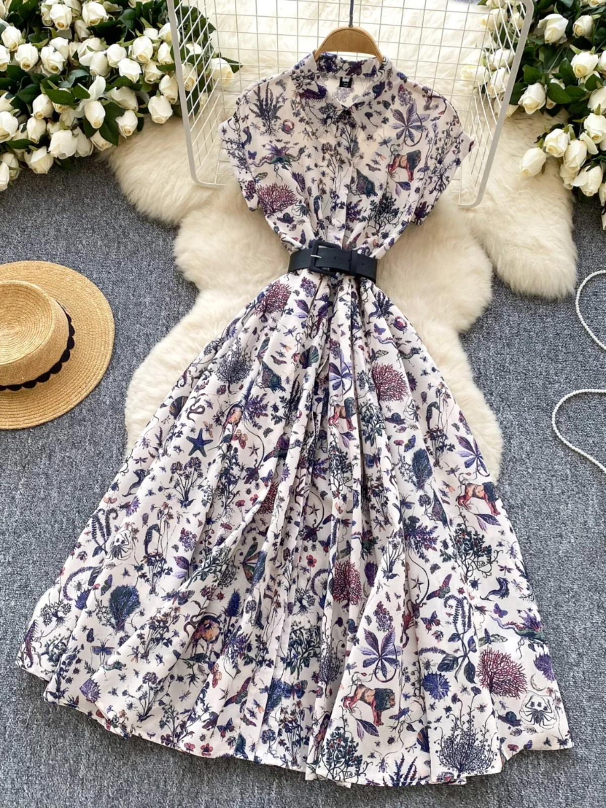 우아하고 세련된 여성용 빈티지 칼라 반팔 드레스 하이웨이스트 플리츠 슬림 프린트 셔츠 롱 드레스 한국 스타일