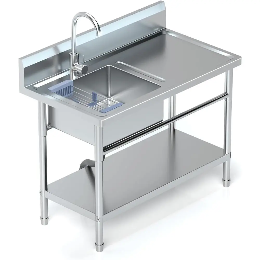 

39 Metallic Gray Stainless Steel Single Bowl Laundry Sink with Hot/Cold Water, Workbench & Storage