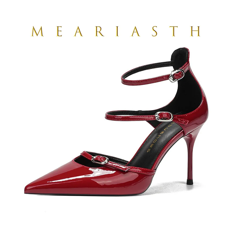 

2025 New Pointed toe Head with Celebrity Three Thin Straps Red Patent Leather Hollow Sandals Women's High Heels pumps mary jane