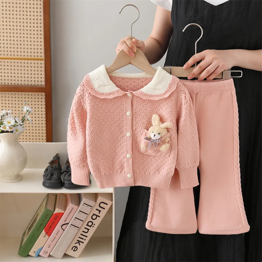 

2025 Autumn and winter new Girls' sweater coat knitted set Cartoon bear little girl Pants two-piece set for 2 3 4 5 6 Years old
