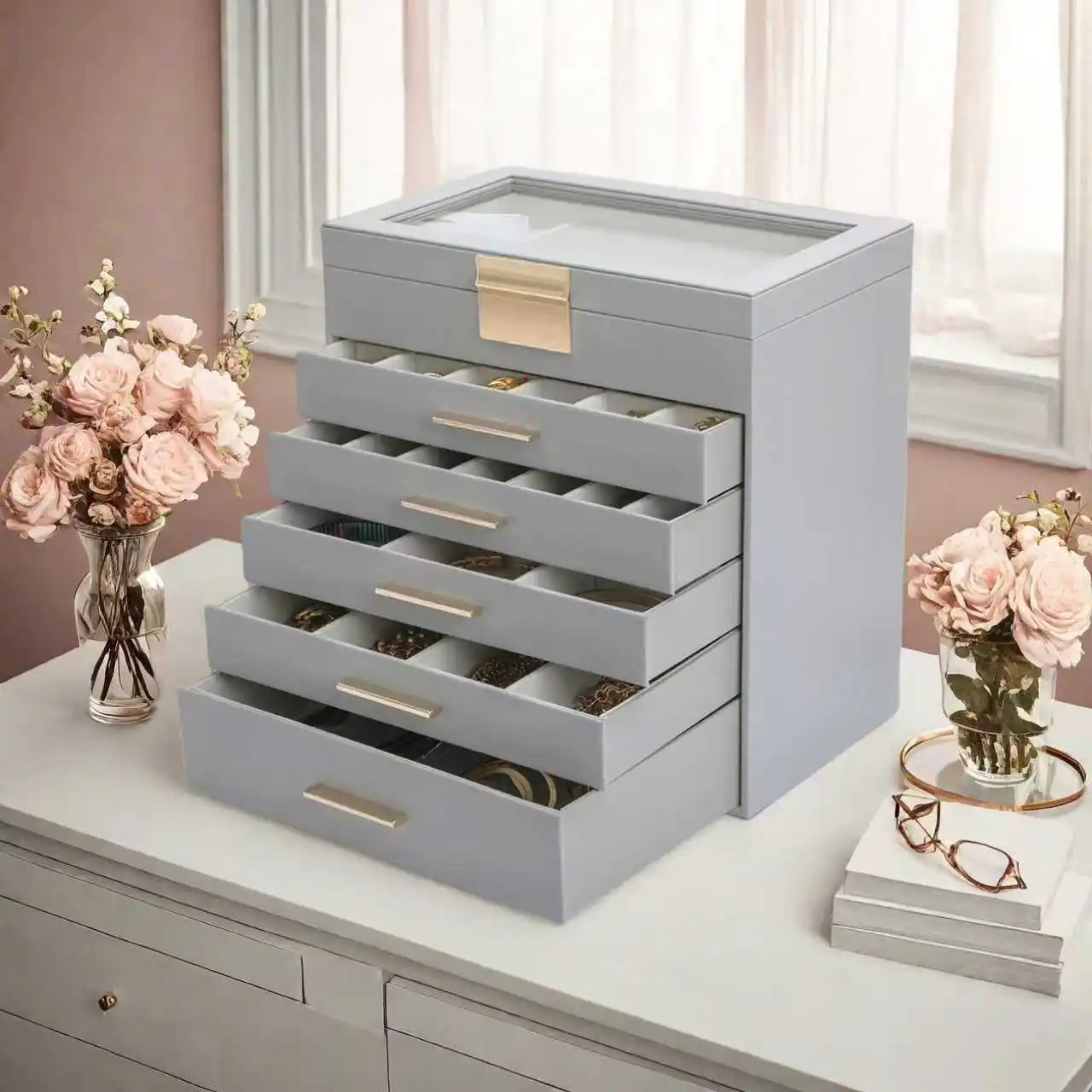 

PU Leather Jewelry Box Luxury Six Layers Large Jewelry Box Organizer Multi Functional Personalized Necklace Storage Packaging