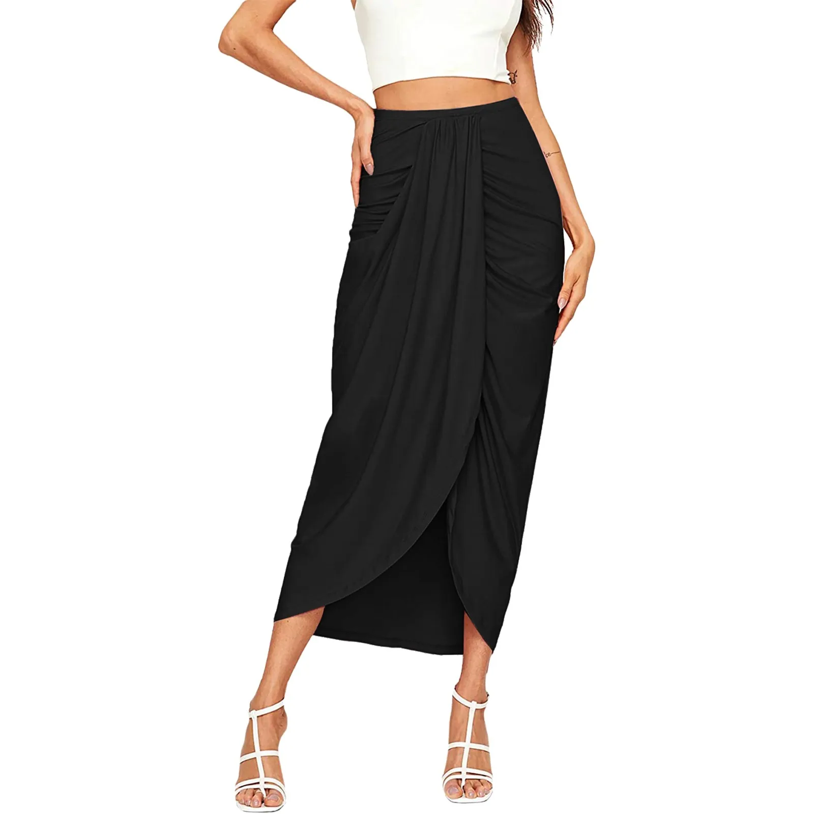 

New Elegant Fashion Design Skirt For Women Vintage Front Slit High Waist Hips-Wrapped Below Knee Skirts Ruched Skirt Streetwear