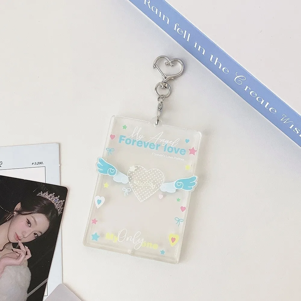 Acrylic Kpop Photocard Holder Keychain 3 Inch Wings Heart Card Holder Cartoon Transparent Student Card Protective Cover