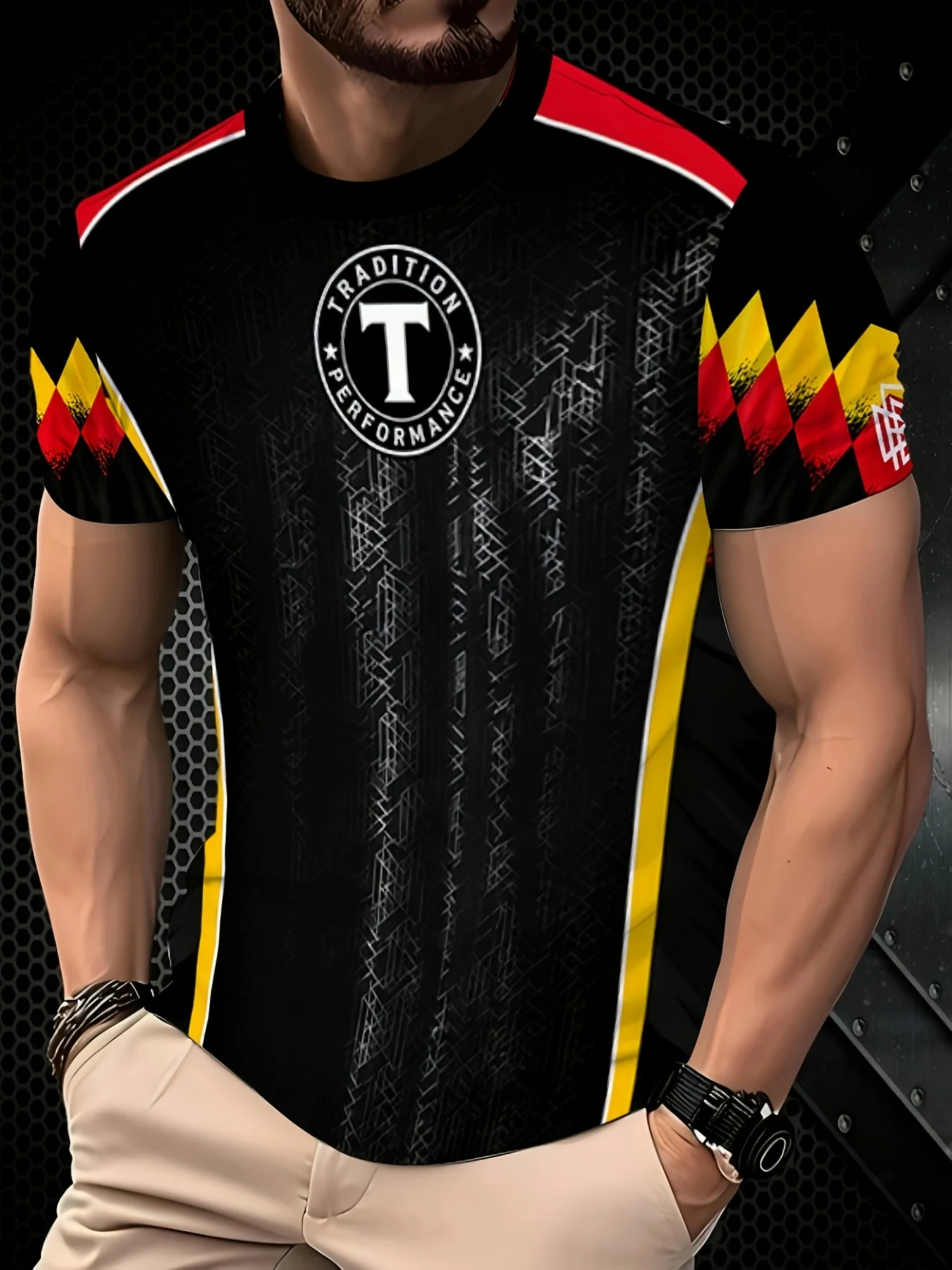 Men Germany Colorway Football T‑Shirt Black Geometric Texture Red Yellow Diamond Print Soccer Fan Short Sleeve Top