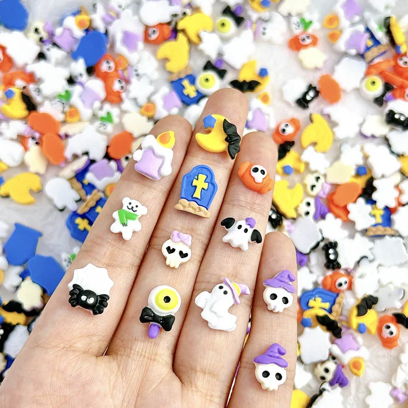 30PCS Cute Skull Monster Ghost Nail Charms Creative Moon Spider Cartoon Halloween Mixed Resin Nail Art Decoration DIY Nail