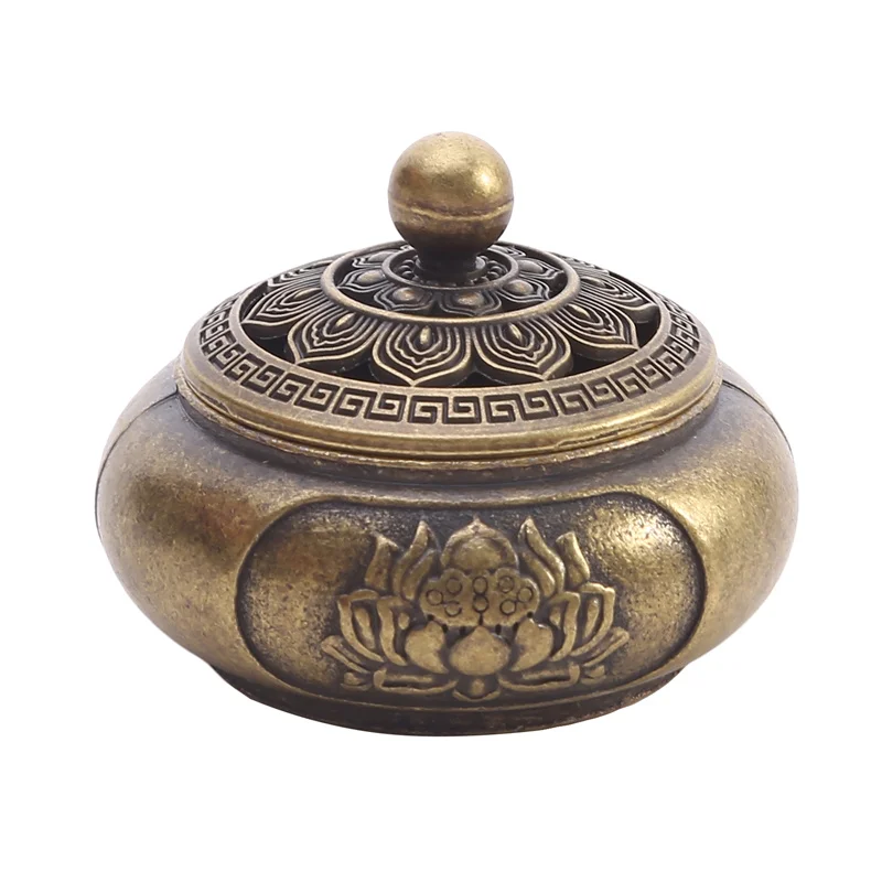 Antique Brass Pocket Lotus Jiuding Incense Burner Hollow Incense Mini Ornaments Chinese Ancient Tea Desk Decor