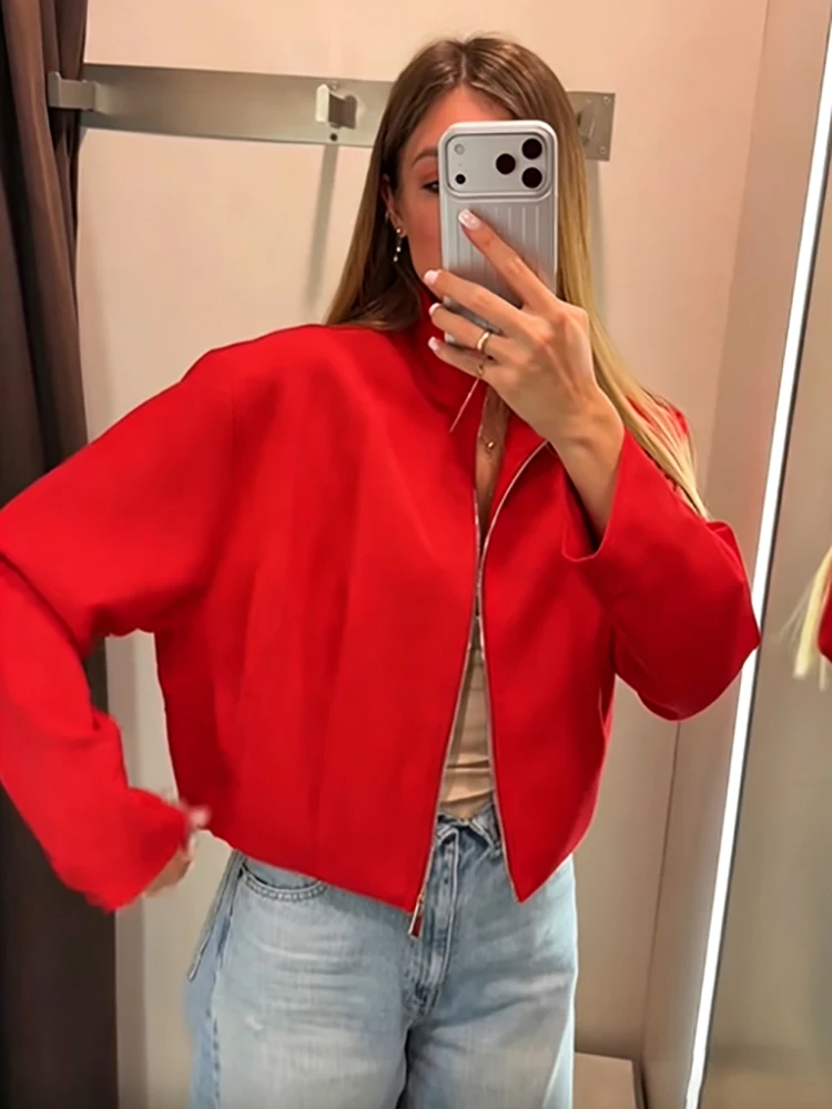 Vintage Rote Kurze Jacke mit Hoher Taille für Damen, Schicker Reißverschluss, Lange Ärmel, Stehkragen, Locker Sitzender Mantel, Herbst Damen Alltags-Streetwear Neu – Detail 7