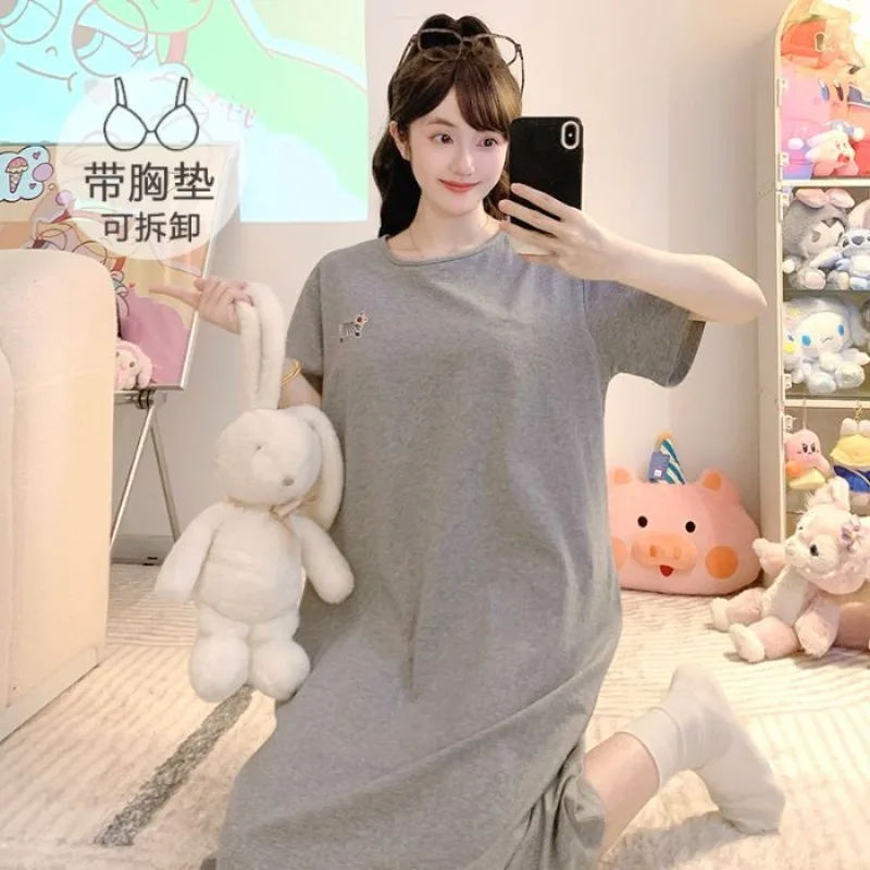 

M-5XL Plus Size Summer Women Nightgown Korean Cuasal Pure Cotton Pajamas Dress with Bra Pad Cartoon Short Sleeves Sleepshirt