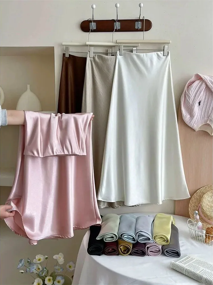 

French Satin Mermaid Fishtail Skirt High Waist For Summer Black Midi Skirt Women's Office Ladies Elegant Long Skirts
