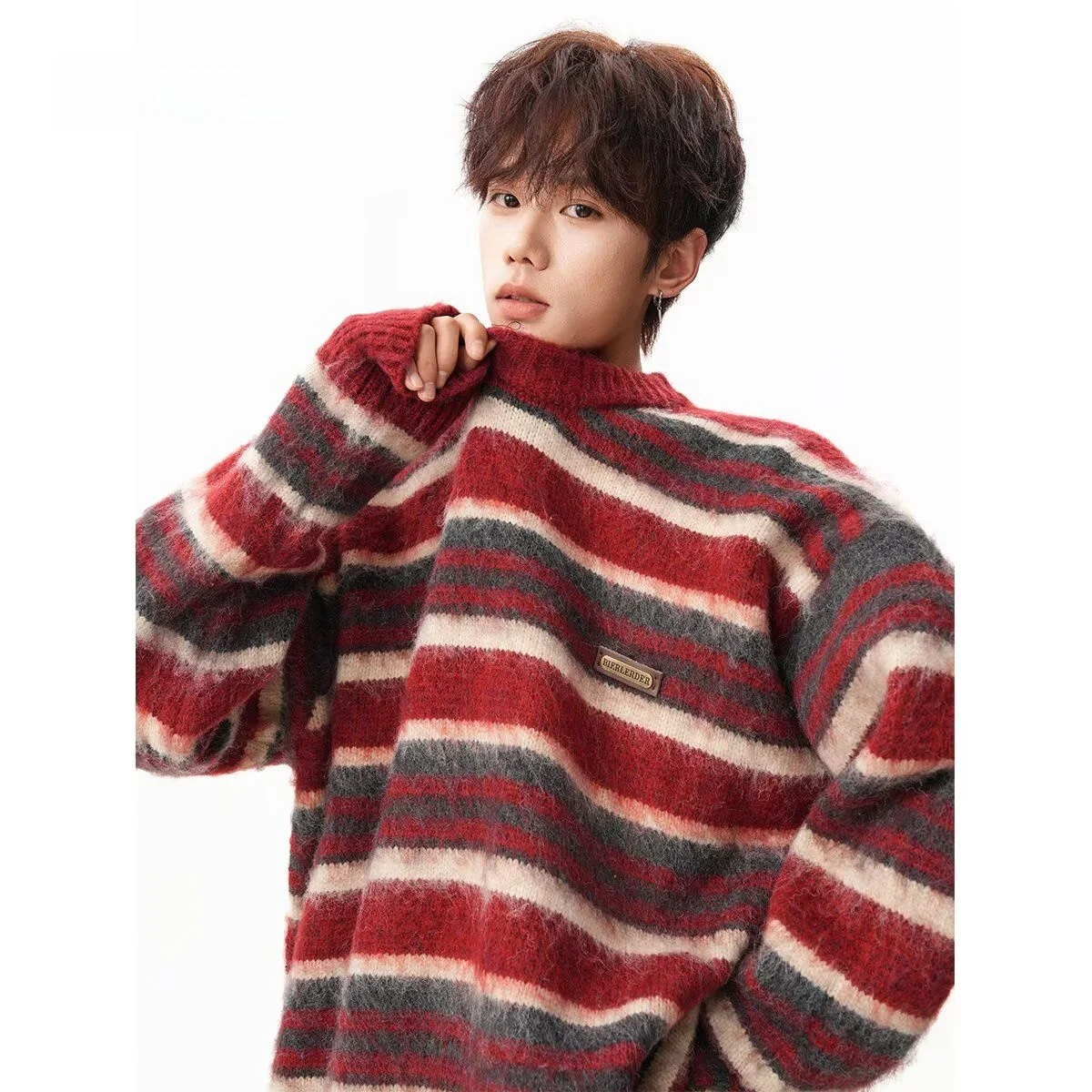 

Holocene American Casual Striped Loose Fit Collared Men's Sweater Design Winter Warm Long Sve round Ne Knitwear