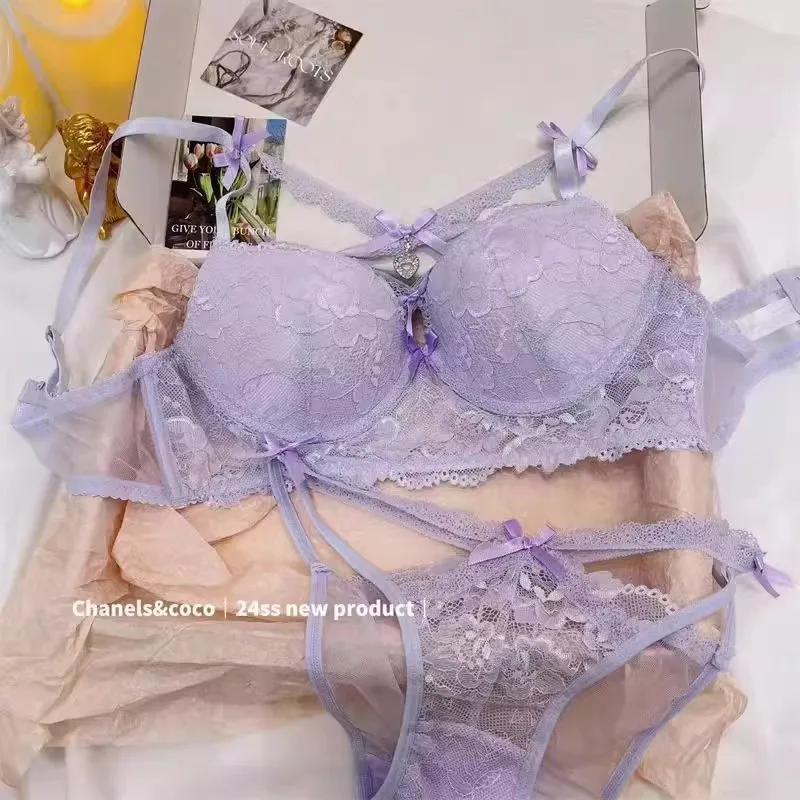 مجموعة ملابس داخلية MOYISU Kawaii على شكل قلب، نمط ملابس خارجية حمالة صدر من الدانتيل الأرجواني، محسن رفع الصدر Sml، بلوزة براليت بتصميم نقي مثير #4