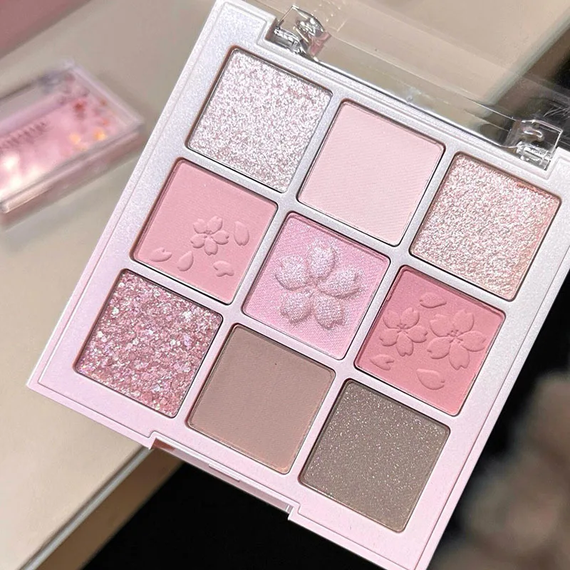 Cherry blossom Nine-color Eyeshadow Palette Nude Brown Low Saturation Pearly Matte Glitter Eye Shadow Long-lasting Eye Makeup