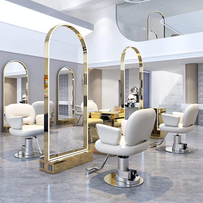 Italian Light Luxury Barber Mirror Modern Business Furniture Hair Salon Double-Sided Mirror LED Fill Light Fashion Floor Mirror