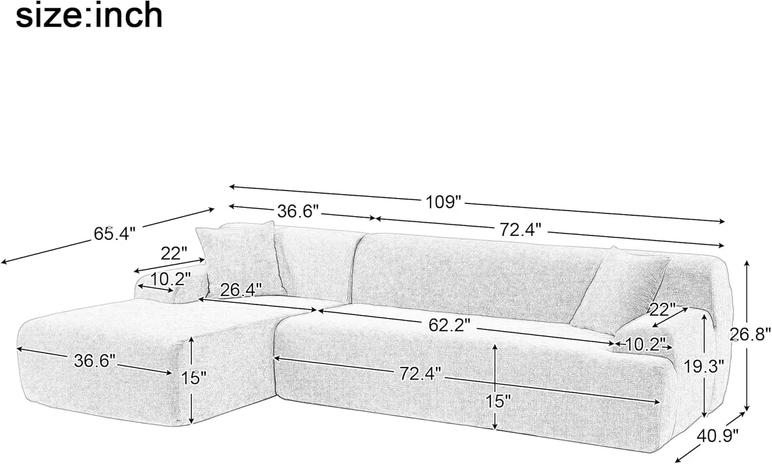 109'' Modular Sectional Couch, Modern L-Shape Floor Sofa with Chaise Lounge, Comfy Chenille Fabric Sponge Sofa Couch