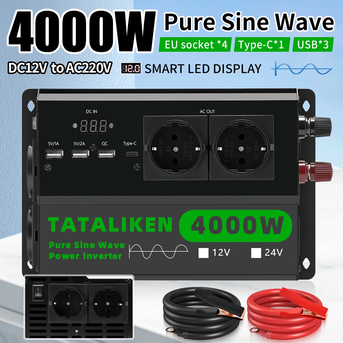 4000W/5000W pure sine wave inverter high-power converter European standard socket 220V50HZ with digital display USB Type C