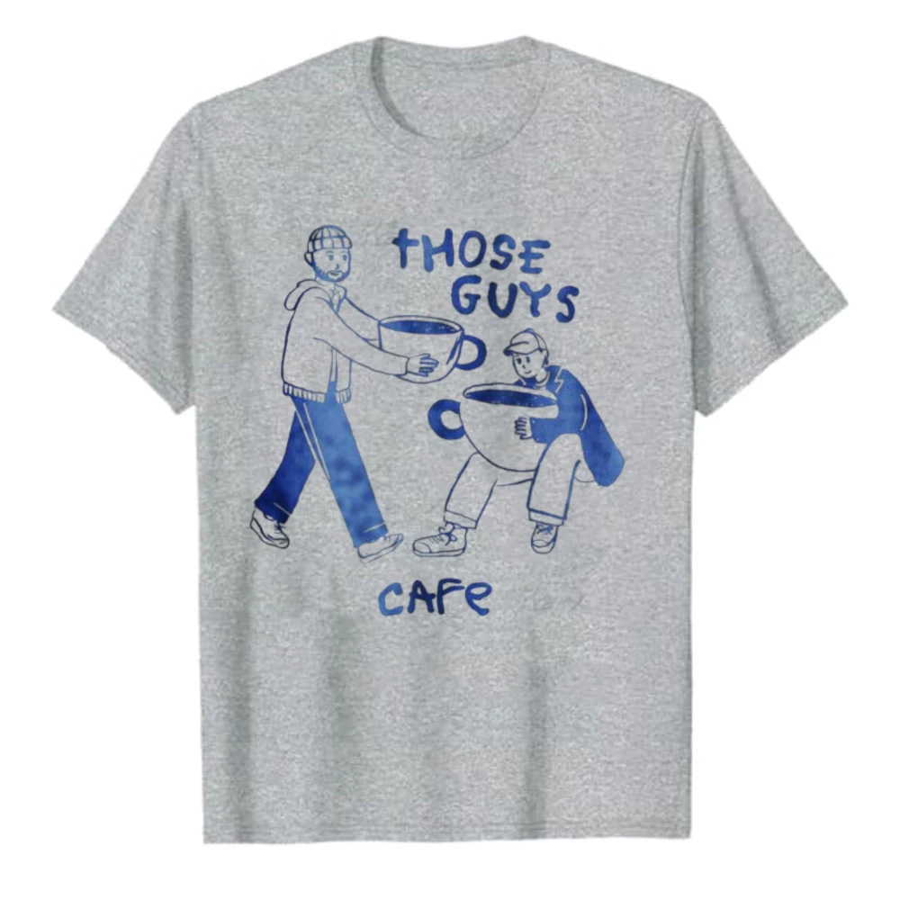 Funny Tshits Those Guys Café Two Men Giant Coffee Line Graphic T-Shirt Unisex Coffee Lover Barista Crew Neck White Casual Tee