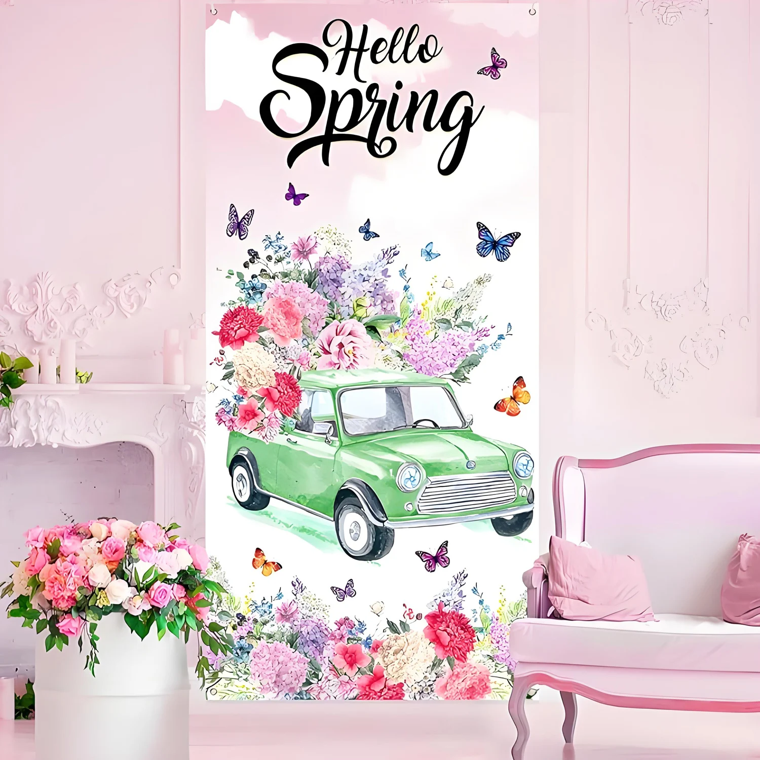 Hello Spring Door cover decorated with colorful flower banners Butterfly Green truck Spring seasonal outdoor items view 2
