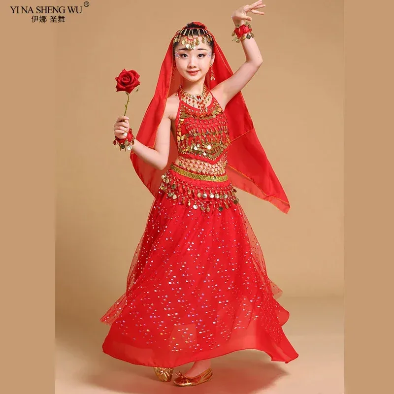 2025 ♥ New Kid Belly Costumes Set Chiffon Girl Indian Dance Stage Performance Clothing Sequin Skirt for Child/Adult Ind ☆★