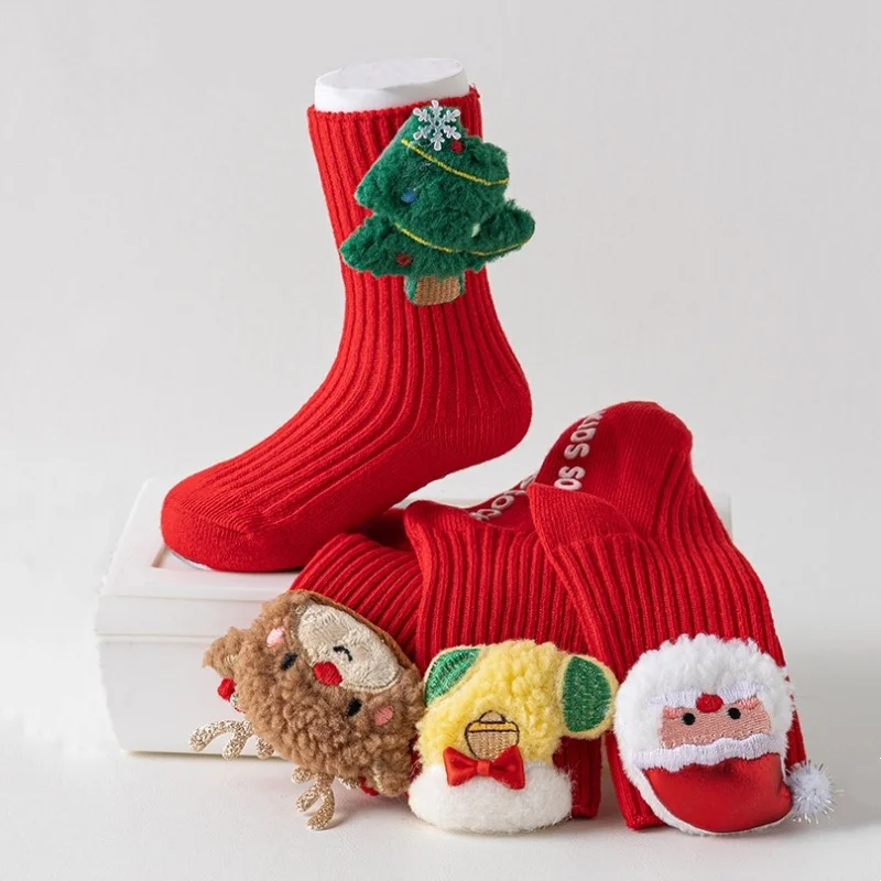 

Red Christmas Socks For Boy Girl Winter Warm Children Anti-Slip Floor Socks Xmas Footwear Cute Elk Tree Snowman Mid Tube Socks
